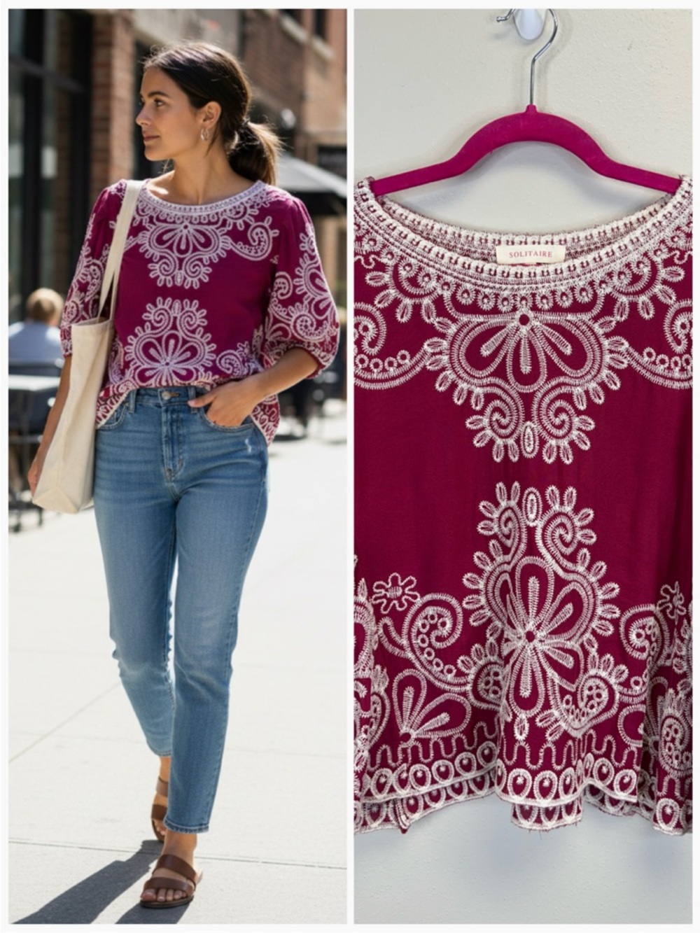 Embroidered Magenta Peasant Top Size M Spring Summer Boho Travel Vacation Floral
